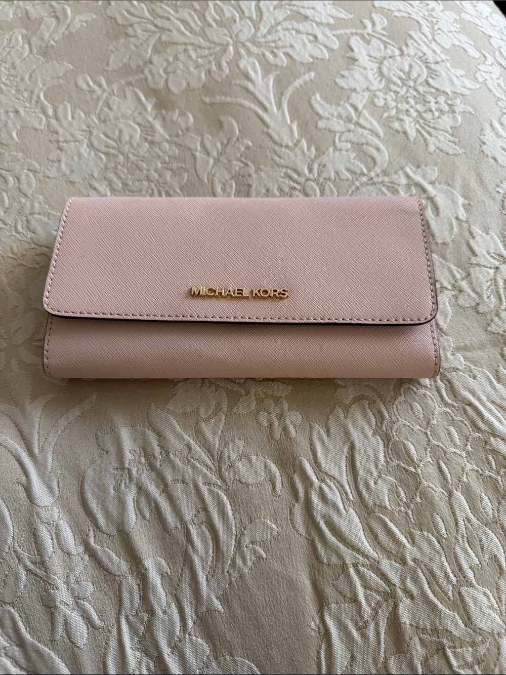 Michael Kors Pale Pink Saffiano Leather Continental Wallet with Gold Logo